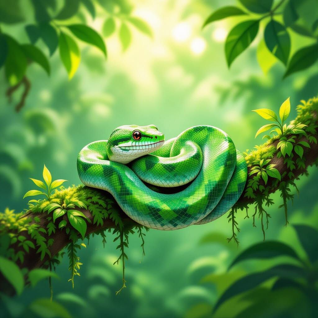 Cute Green Tree Boa in Lush Jungle Mist