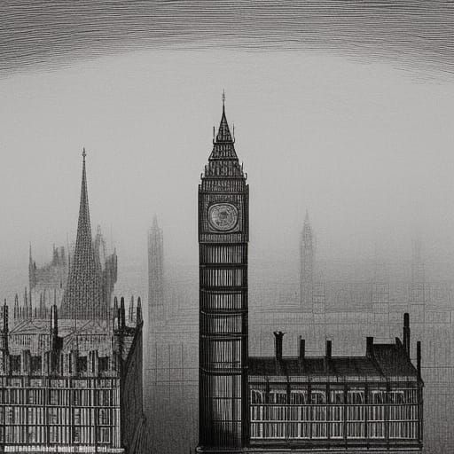 Gothic Tower in Foggy London: Gustav Dore Etching