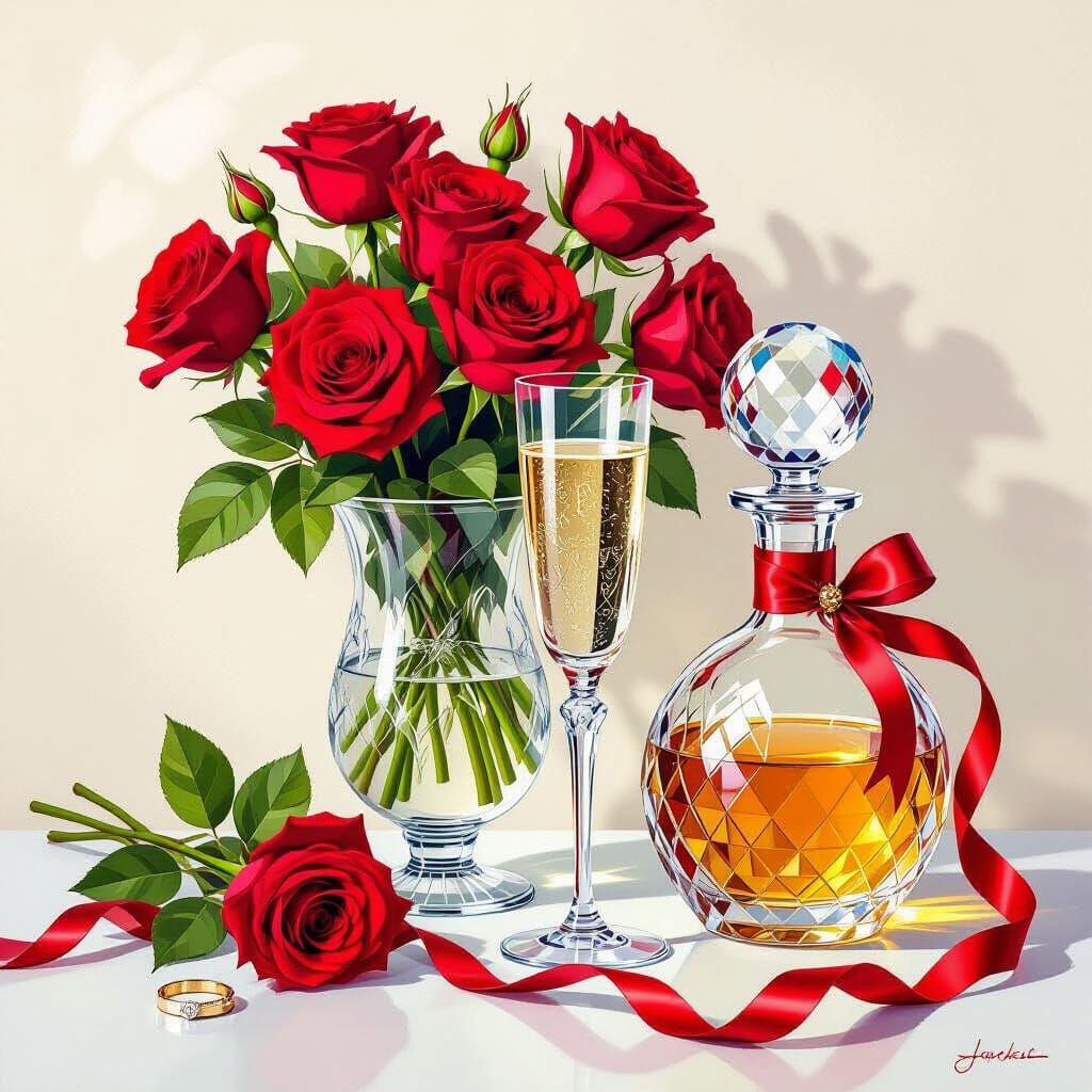 Romantic Rose Bouquet and Champagne Still Life