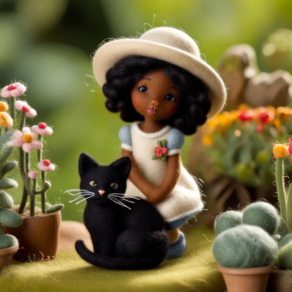 Girl with Cat in Garden, Needle Felted Style