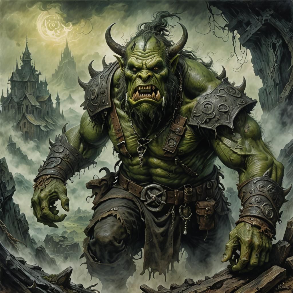 Grim Ogre in Morning Mist: A Dark Fantasy Sketch