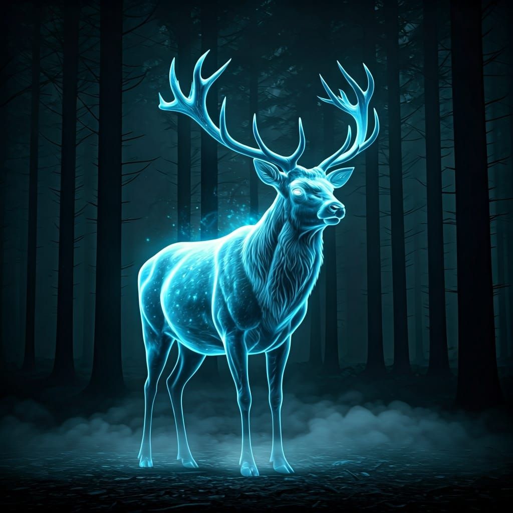 Ethereal Spectral Stag in Misty Forest