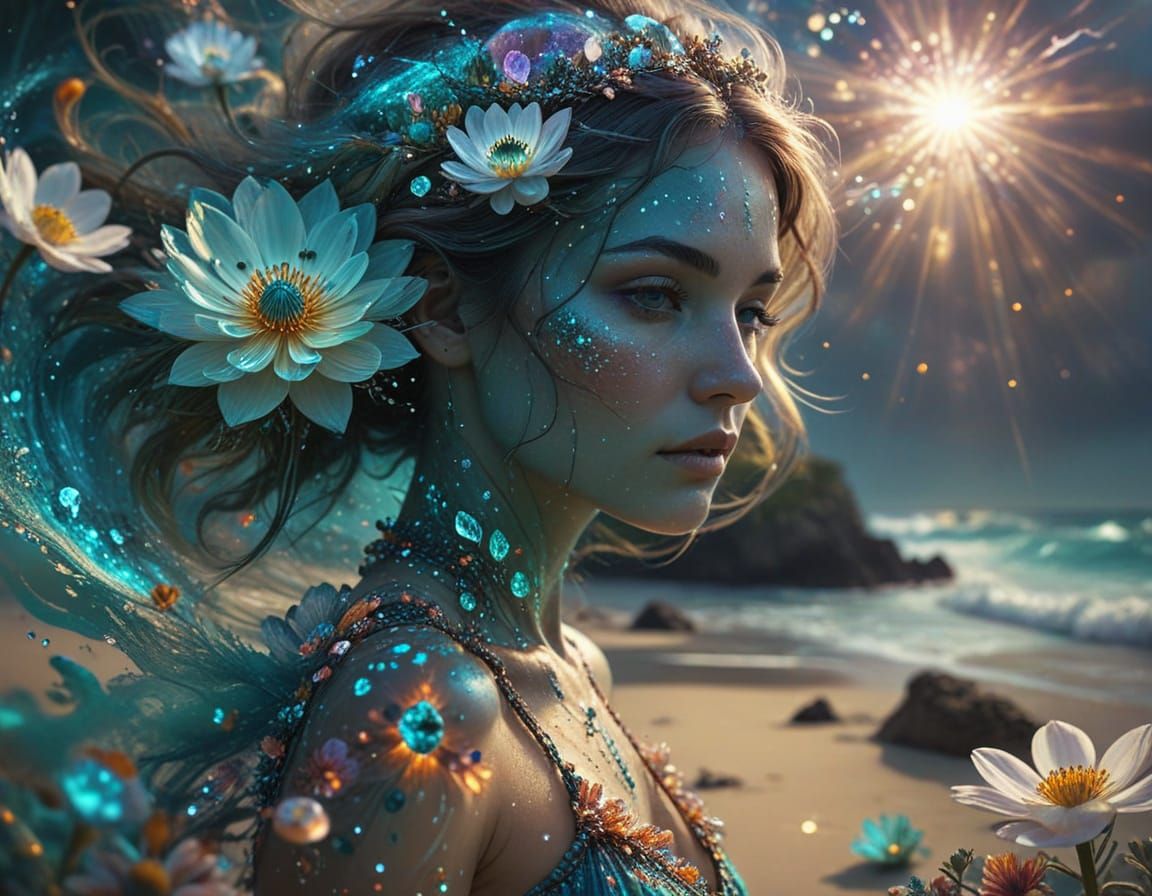 Boho Woman on Beach with Celestial Lotus