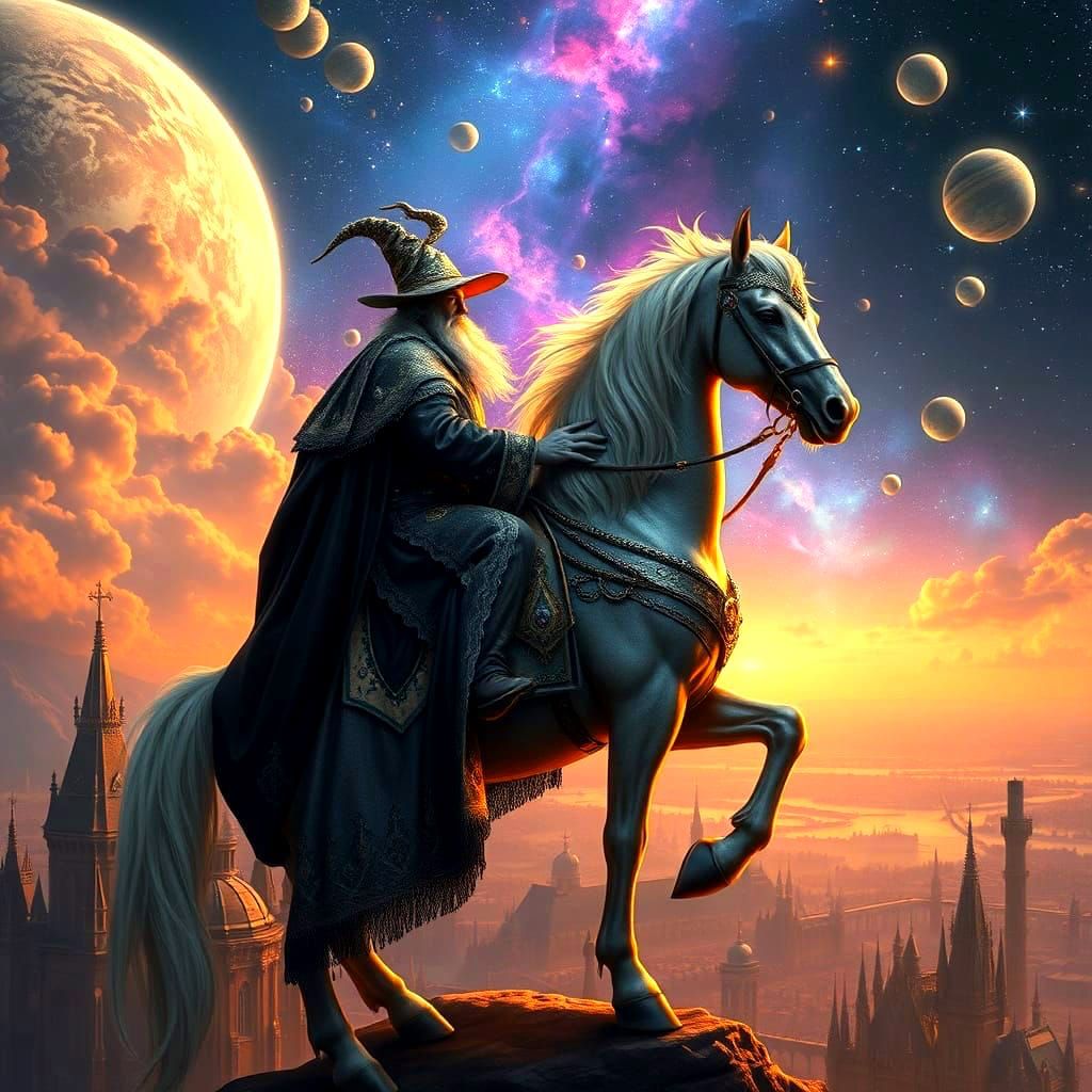 Epic Wizard Rides Majestic Horse Amidst Celestial Wonders