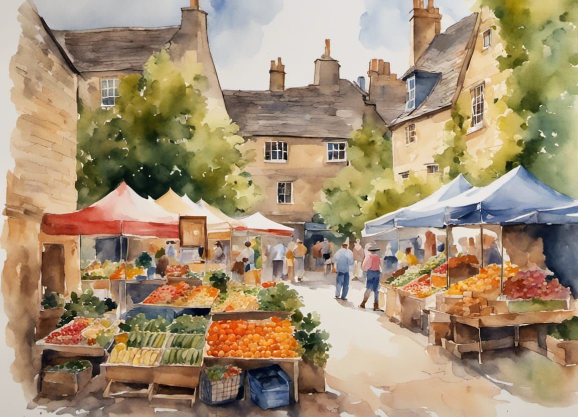 Watercolor Painting of Cotswold Farmer's Market