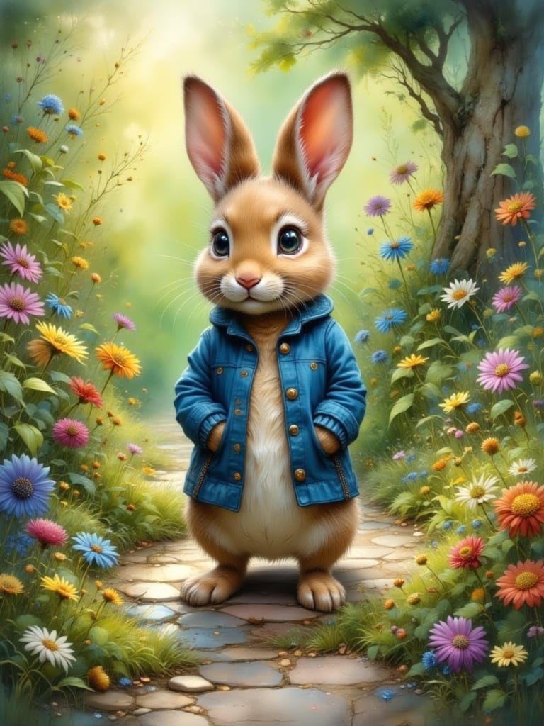 Anthropomorphic Rabbit in Blue Jacket in Lush Garden