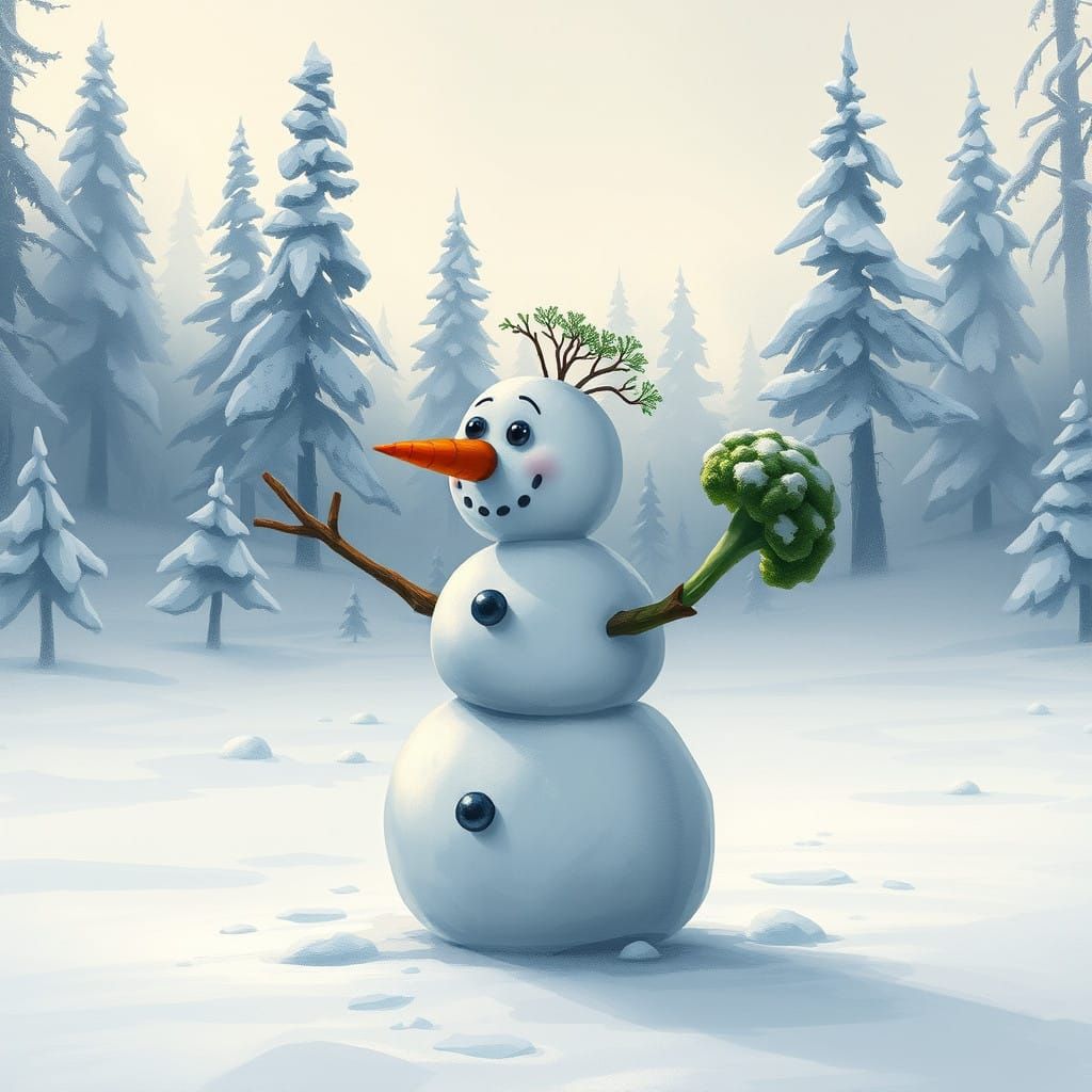 Snowman of Vibrant Vegetables in a Dreamy Winter Wonderland