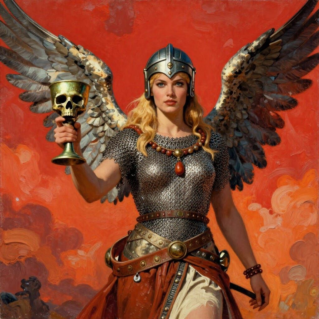 Winged Warrior Woman Holds Chalice Under Red Sky