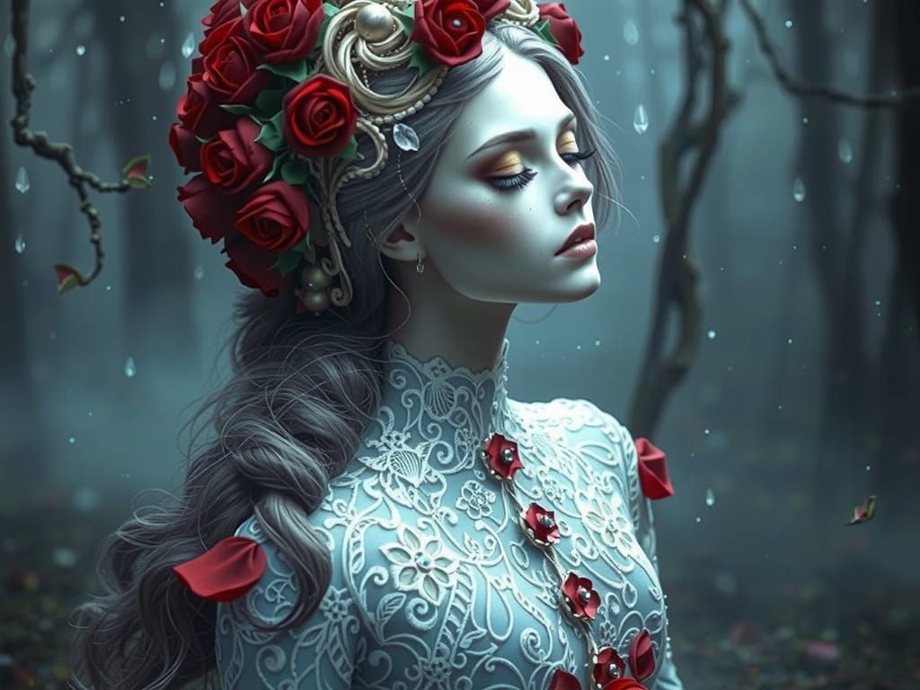 Golden and Crimson Goddess in Whimsical Fantasy Headdress