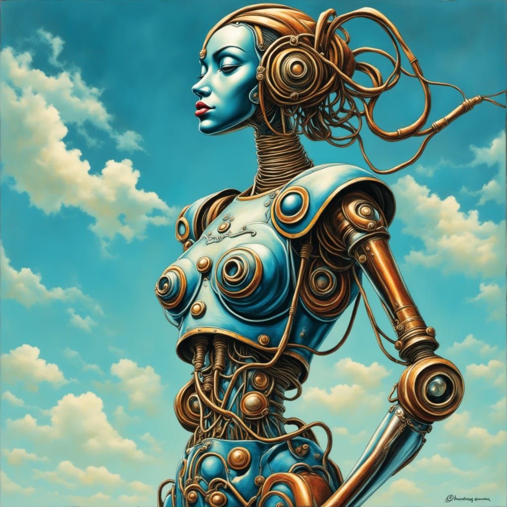 Robot Lady with Blue Metal Skin in Art Deco Style