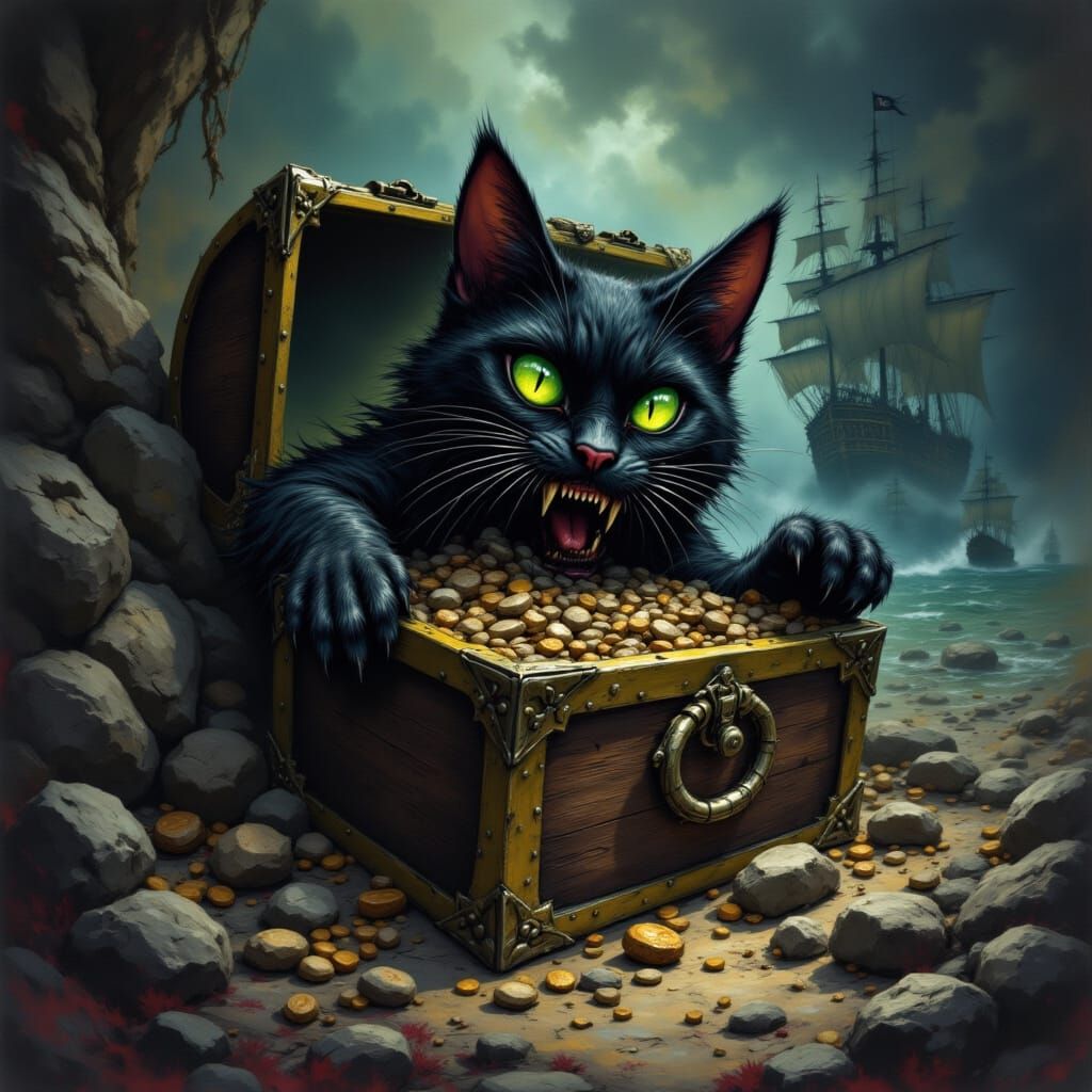 Pirate Black Cat with Treasure Chest Illustration
