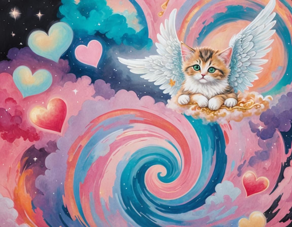 Black Kitten with Angel Wings in Pastel Clouds