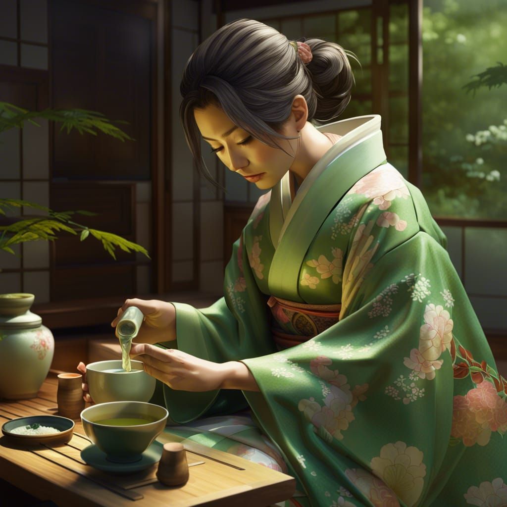 Japanese Tea Ceremony Portrait in Hyperdetailed Style