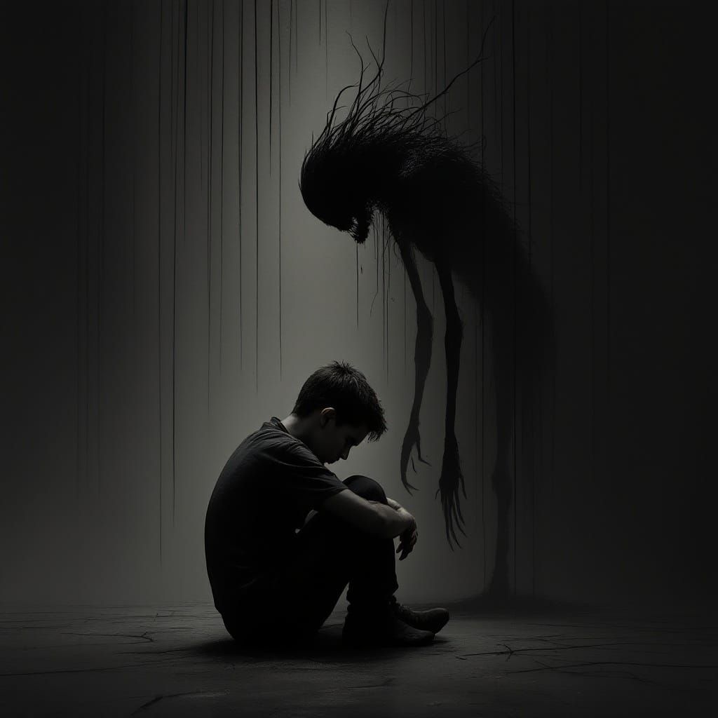 Young Boy Surrounded by Darkness and Despair in a Haunting M...