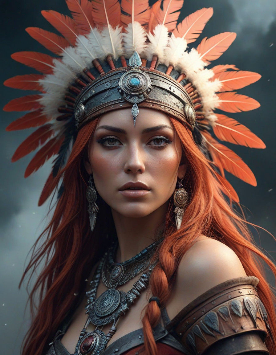 Surrealistic Dreamscapes: A Red-Haired Girl in Tribal Splend...