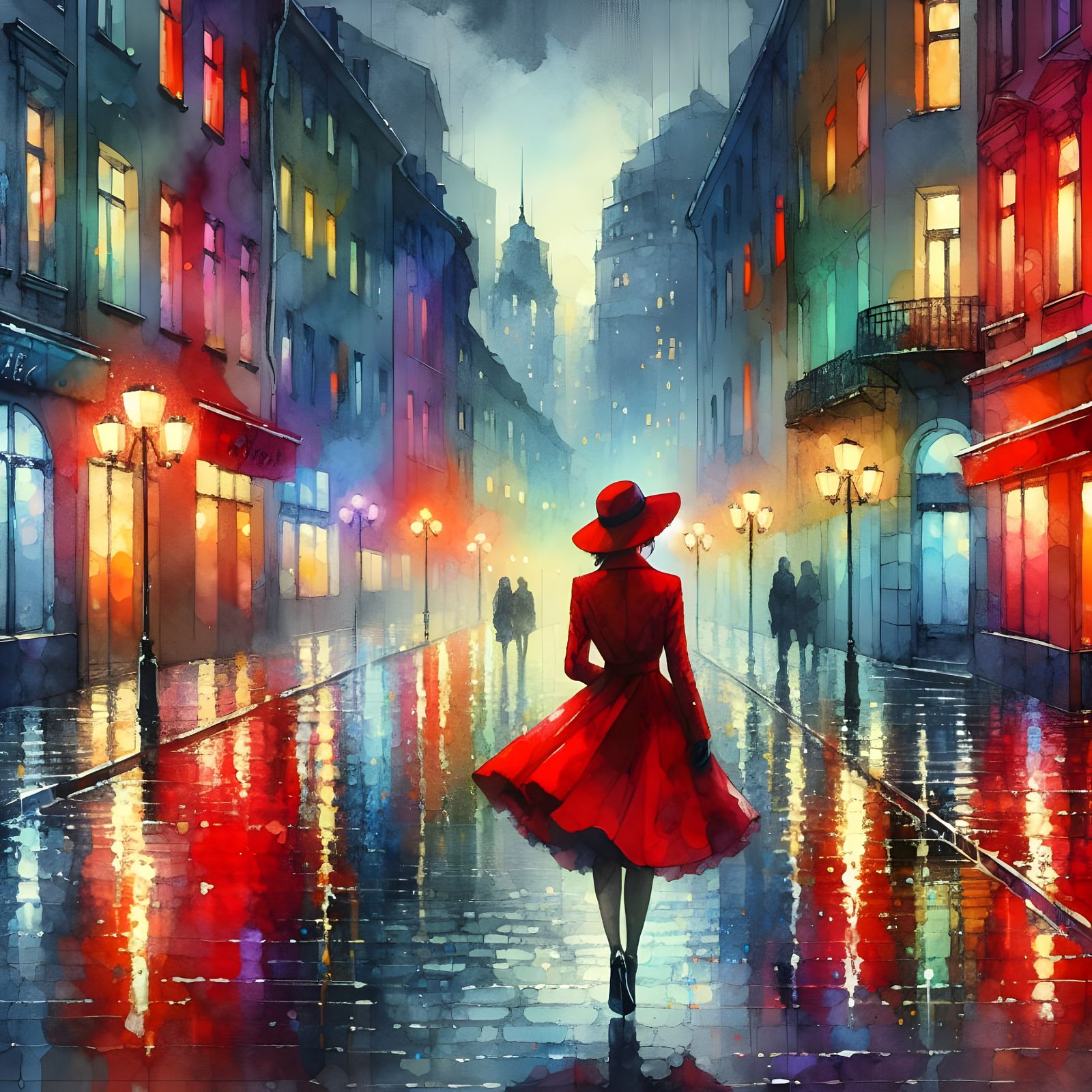 Woman in Red Dress Walking on Rainy Street