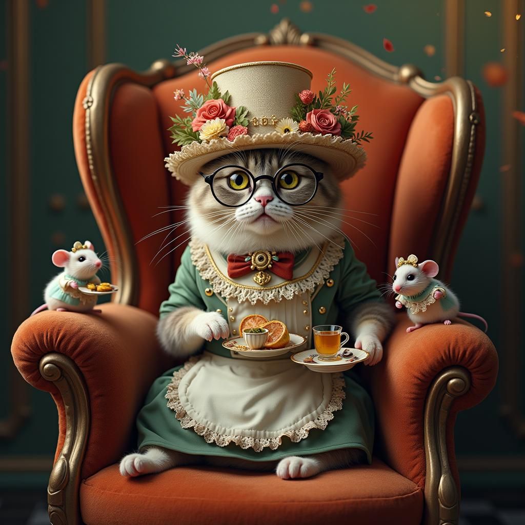 Cat in Velvet Armchair with Waitress Mice