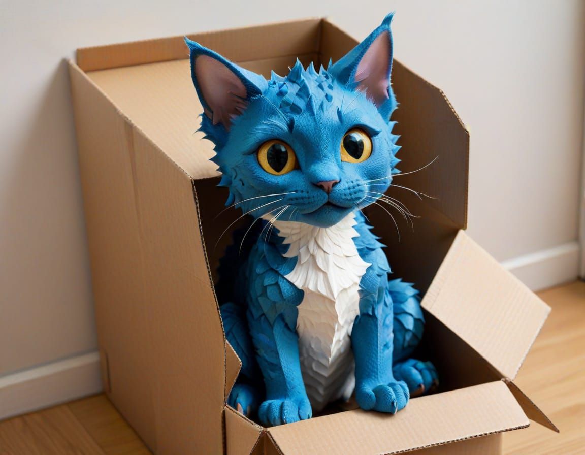 Whimsical Blue Dragon Cat Plays in Box