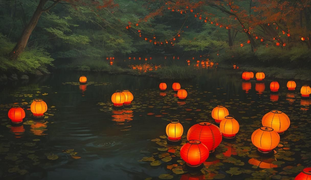 Lantern Flotilla Drifting Down Tranquil River at Dusk