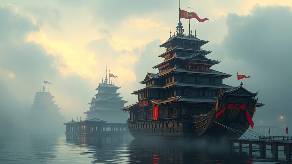 Medieval Japanese Castle-Ships in Mystical Fog