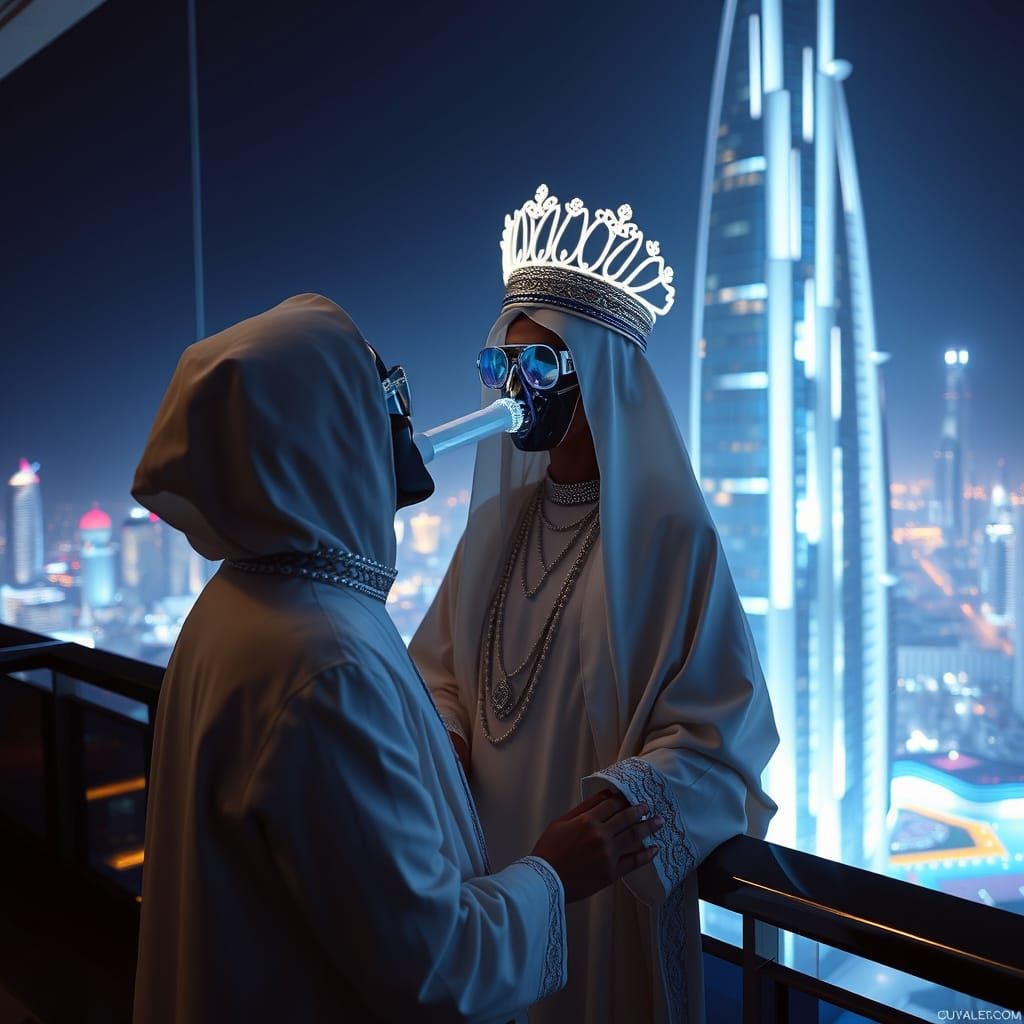 Dubai Priestess Advising Sheiks in Futuristic City