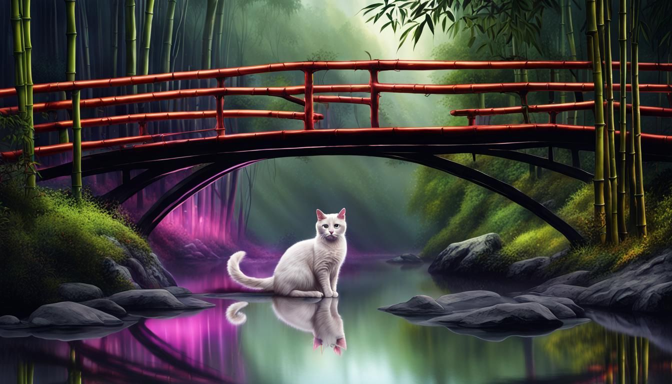 Mystical Cat Reflection Under Bamboo Bridge