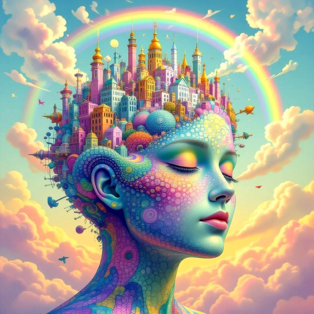Surreal Cityscape with Rainbow Iridescence and Pearlescent T...