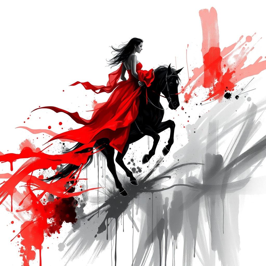 Dramatic Woman Rides Black Horse in Abstract Expressionism