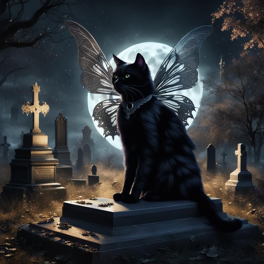 Goth Cat Fairy on Grave in Hyper-Realistic Digital Art