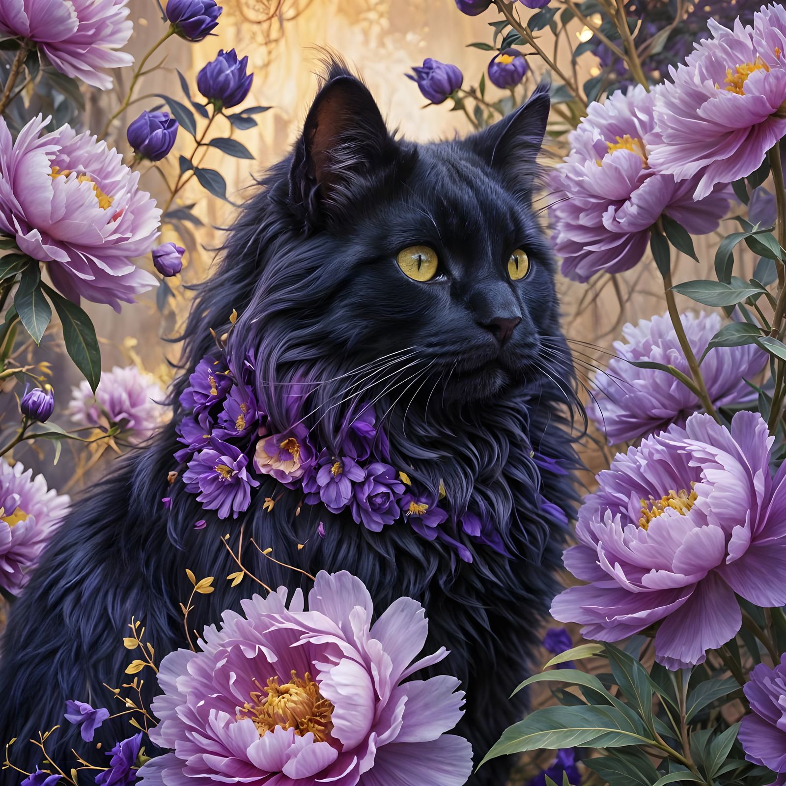 Whimsical Cat Hides Amongst Lavender Peonies in Delicate Wat...