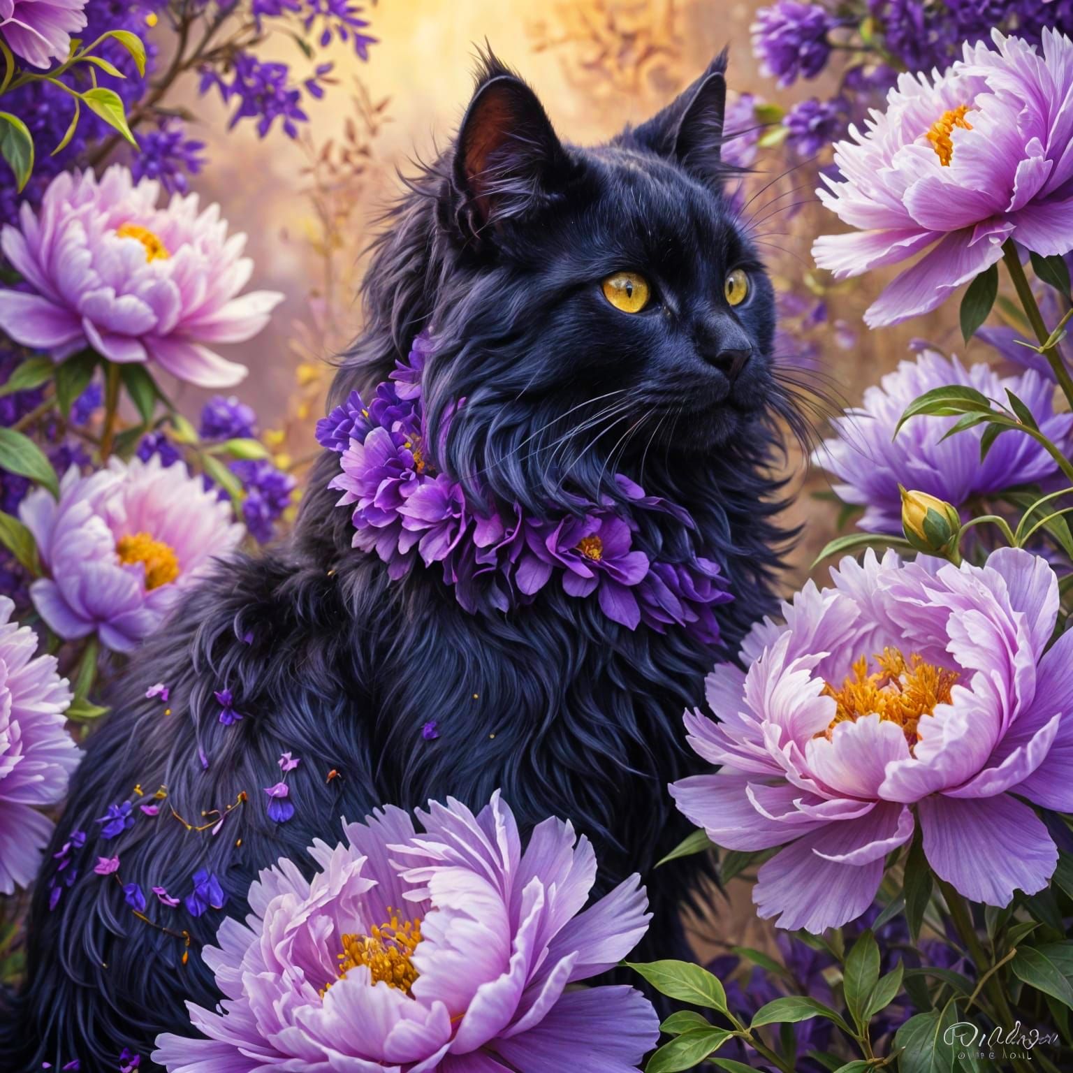 Cute Black Cat Hides in Vibrant Purple Peonies