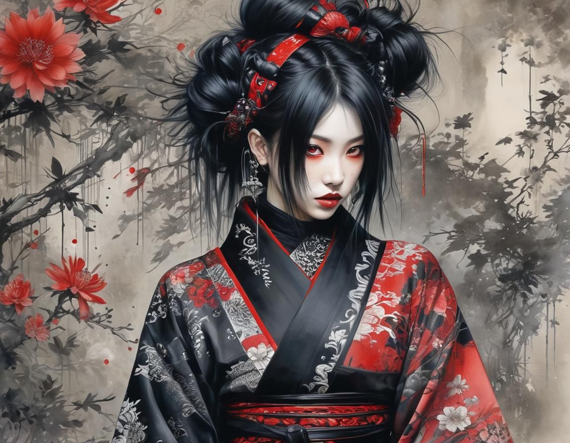 Woman in Deconstructed Punk Kimono: Watercolor Art