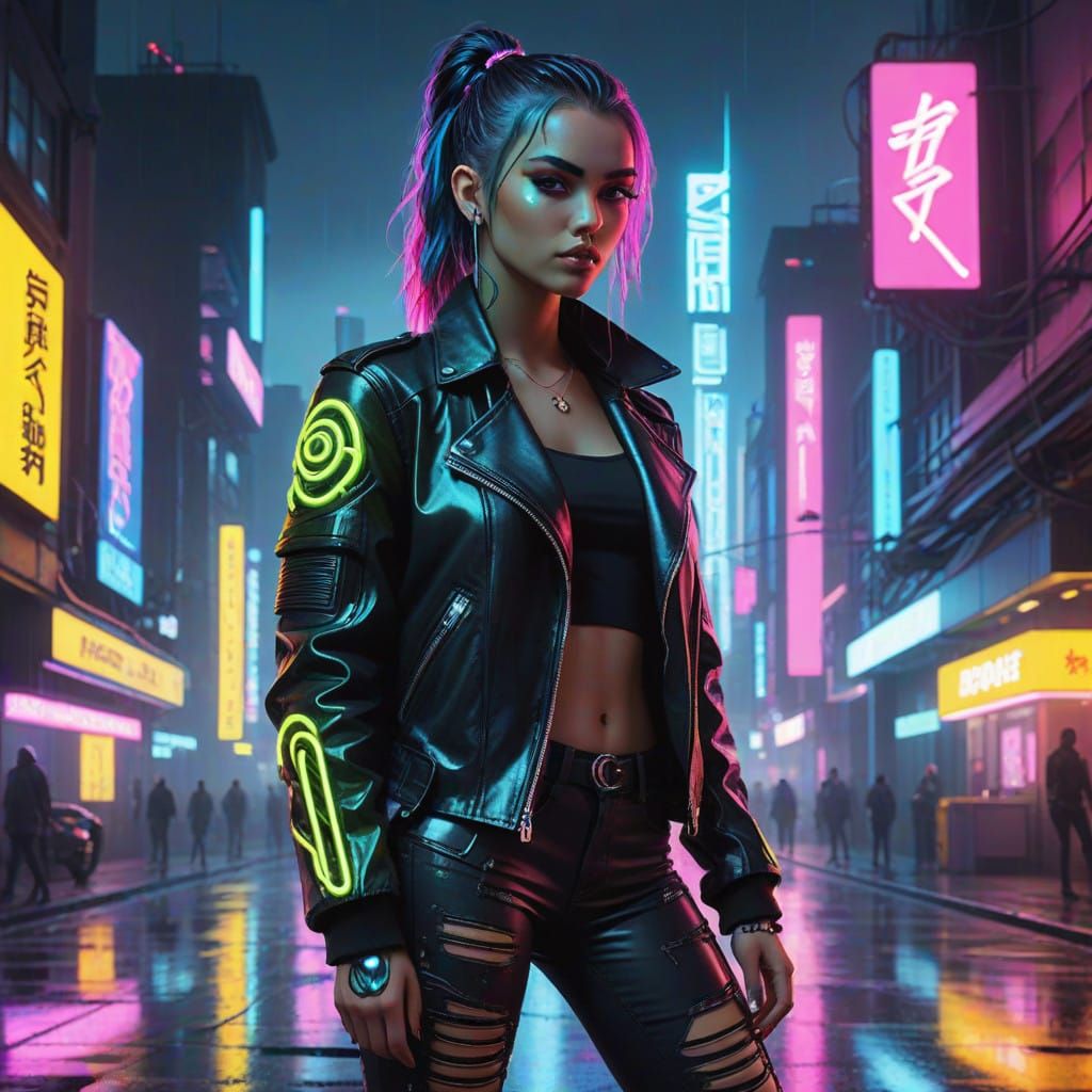 Cyberpunk Goddess in Neon Cityscape