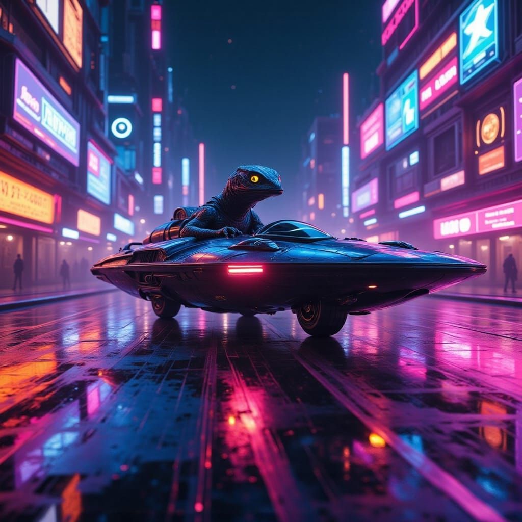 Cyberpunk Lizard Alien Drives Neon Speeder in City Night