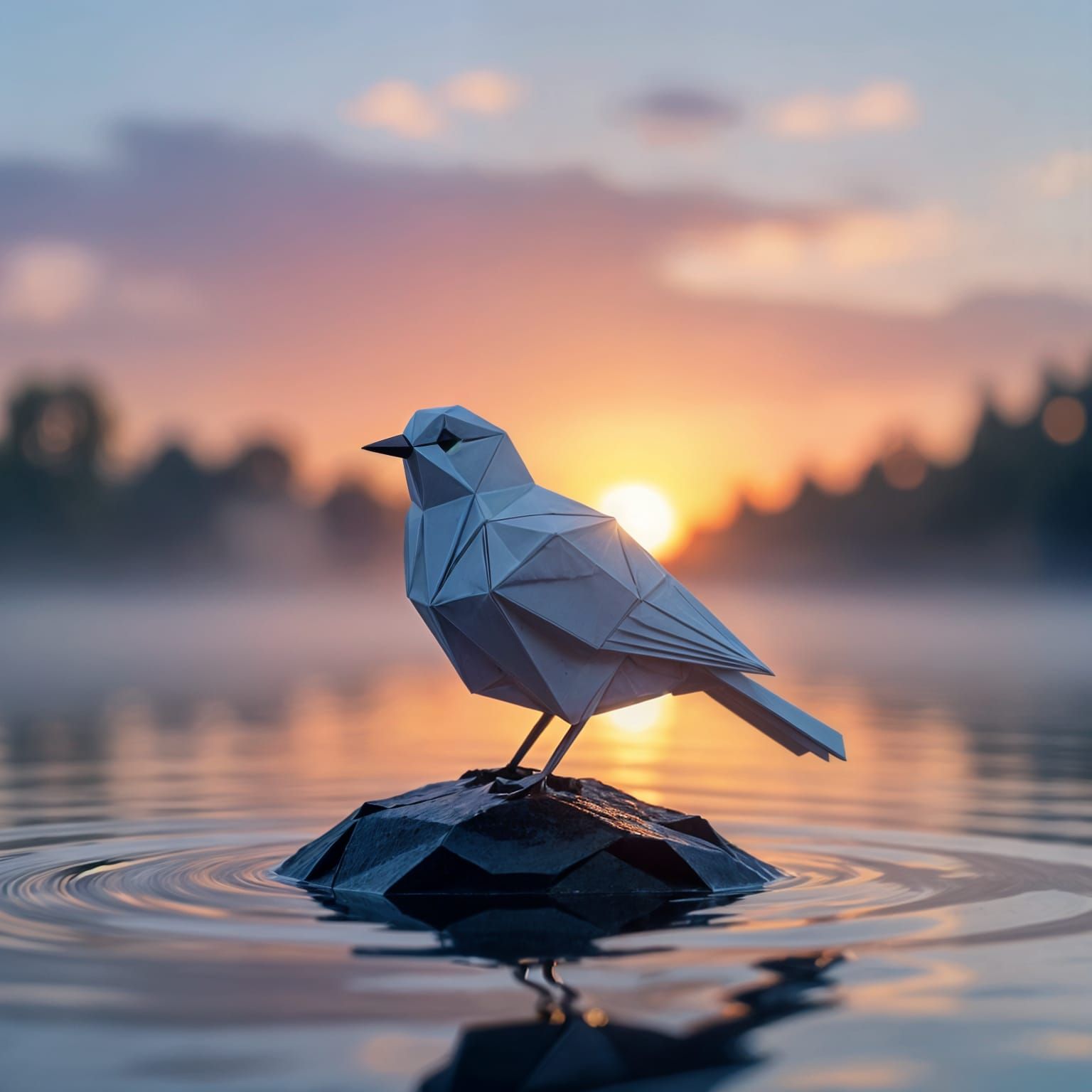 3D Origami Bird on Water at Dawn