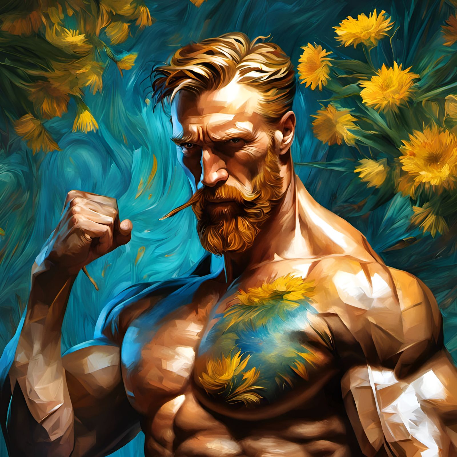 Muscular Man Portrait in Post-Impressionist Style