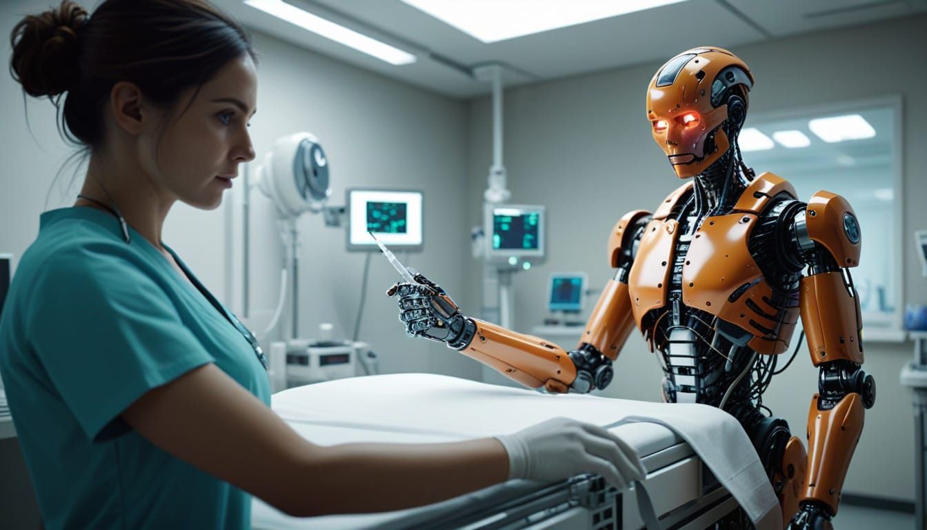 Cybernetic Nurse Prepares Syringe in Futuristic Hospital