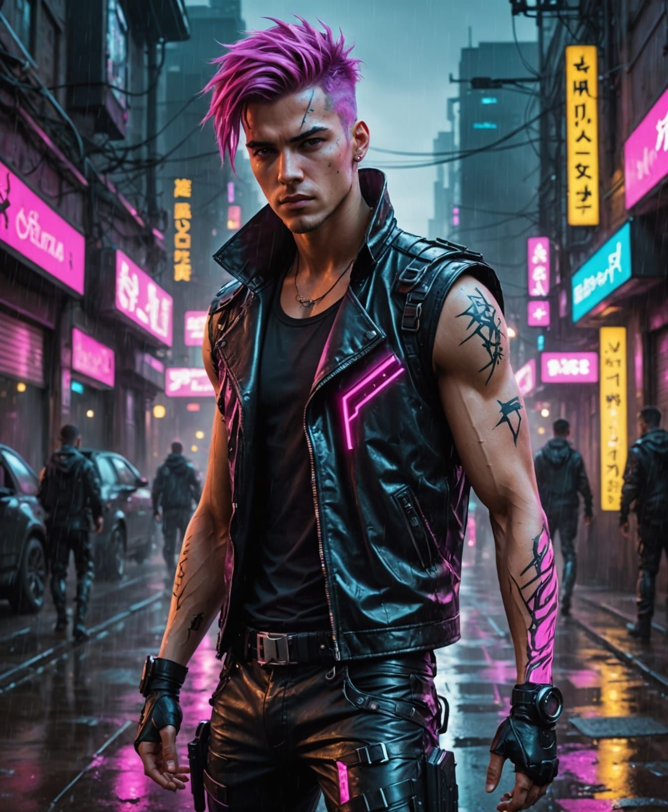 Cyberpunk Warrior Strolls Post-Apocalyptic City Streets
