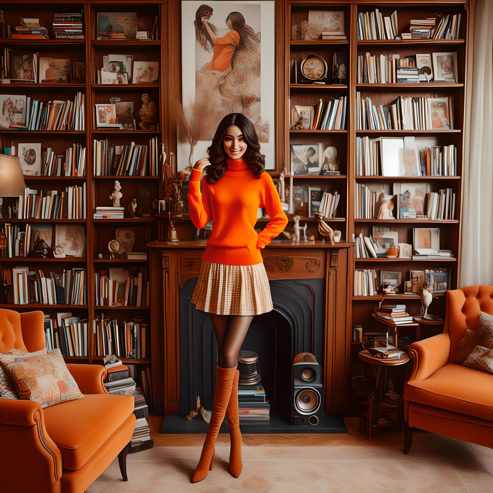 Vintage 1960s Woman in Cozy Living Room, Hyperrealistic