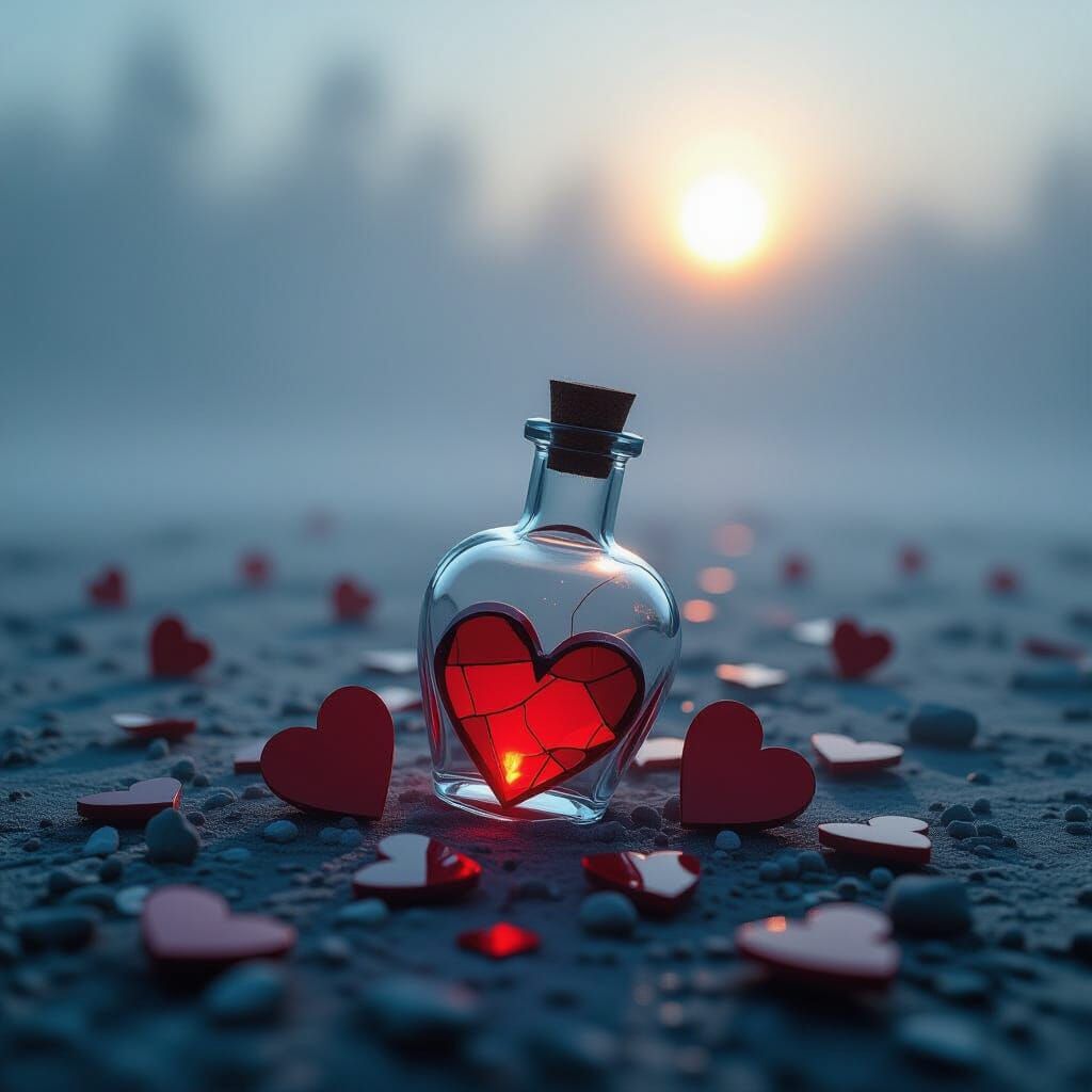 Crimson Hearts in Foggy Landscape, Digital Surrealism