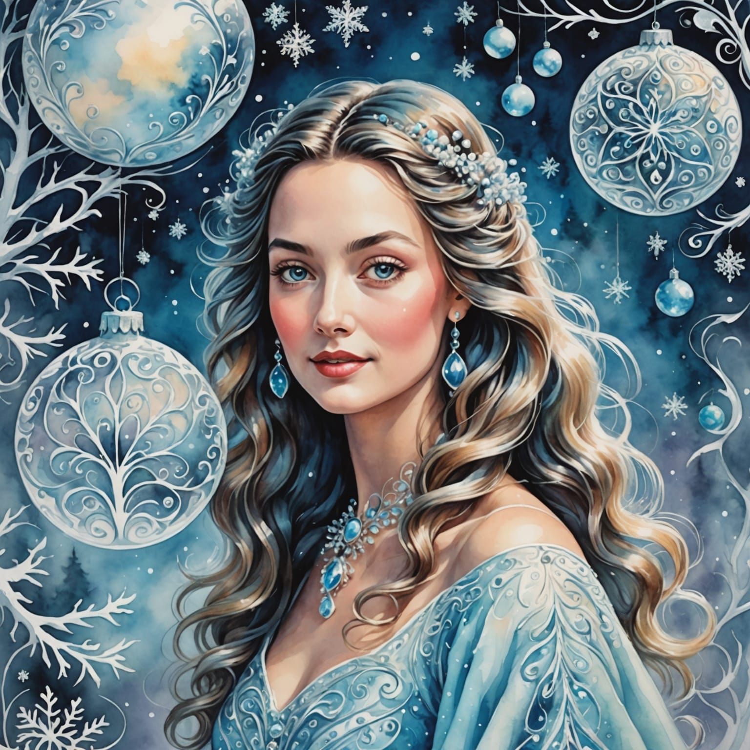 Surrealistic Snow Maiden in Whimsical Wonderland