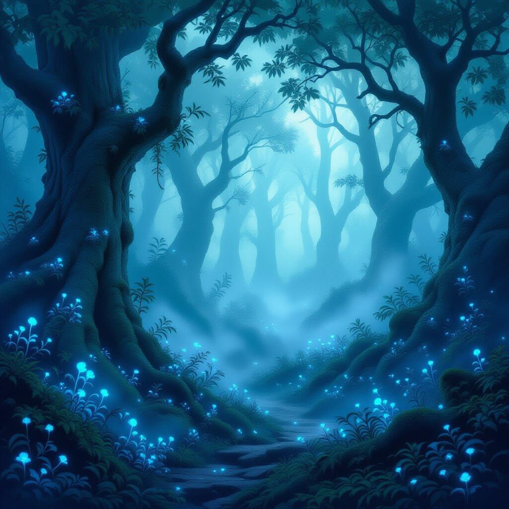 Mystical Forest with Glowing Fog and Ethereal Light