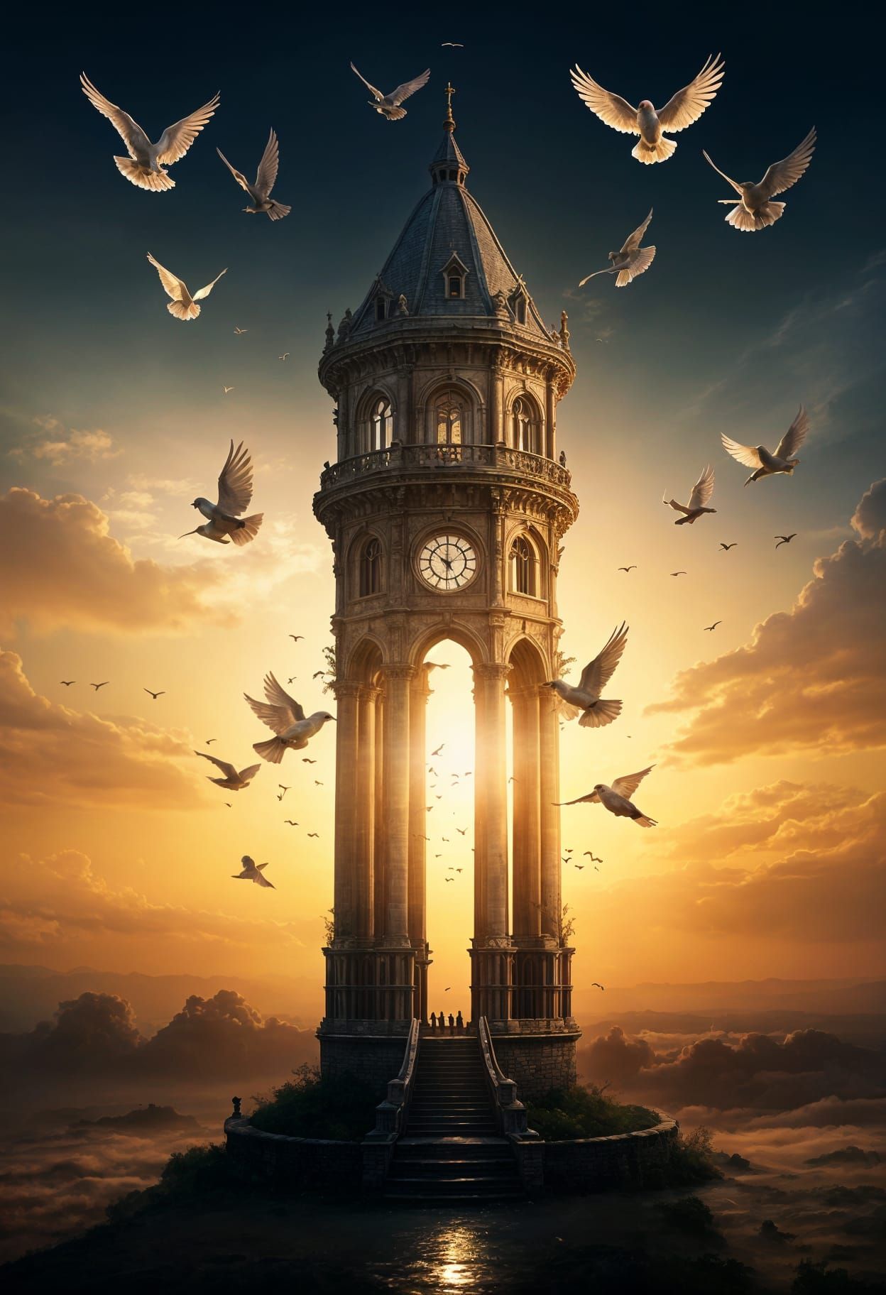 Doves Soar Out of Enchanted Tower at Dawn