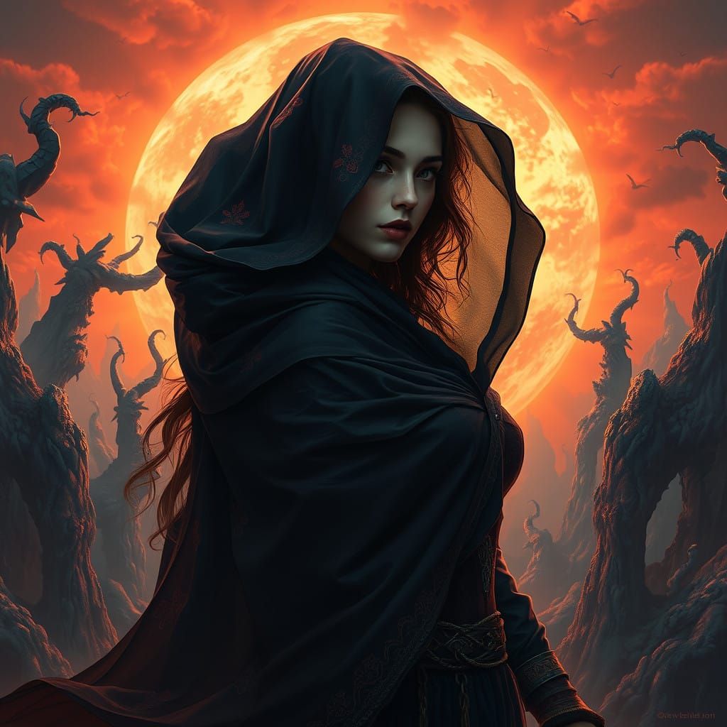 Surreal Woman Embraces Dark Mystical Realm