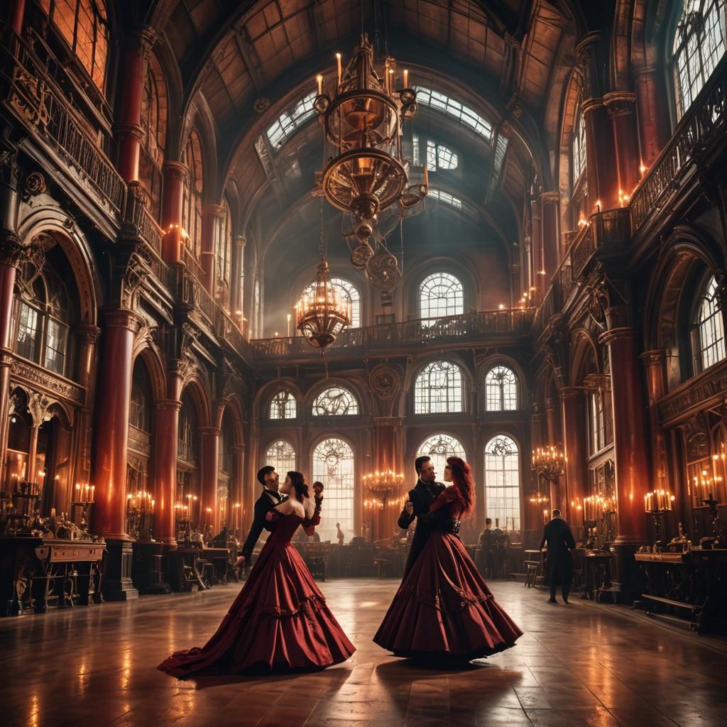 Steampunk Vampire Couple Dancing in Grand Hall