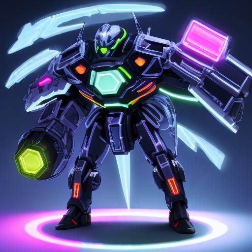 Rainbow Mech in Neon Cityscape: Digital Line Art