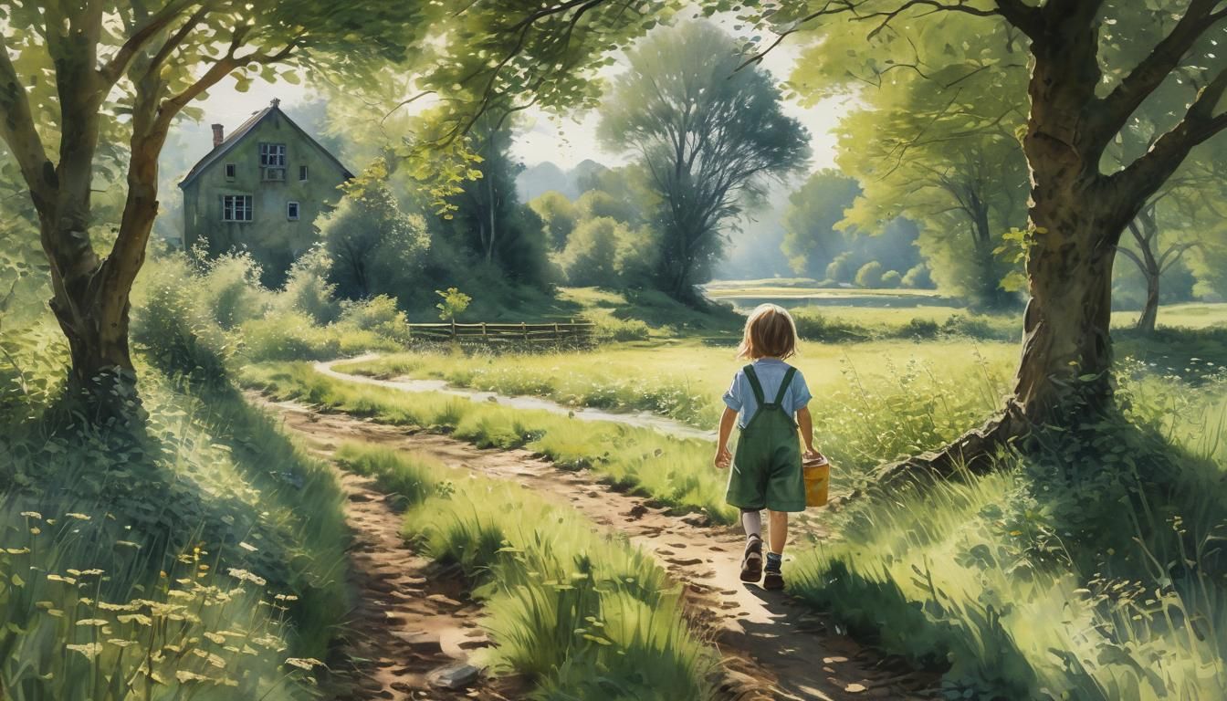 Impressionist Child Gathers Brambles in Meadow