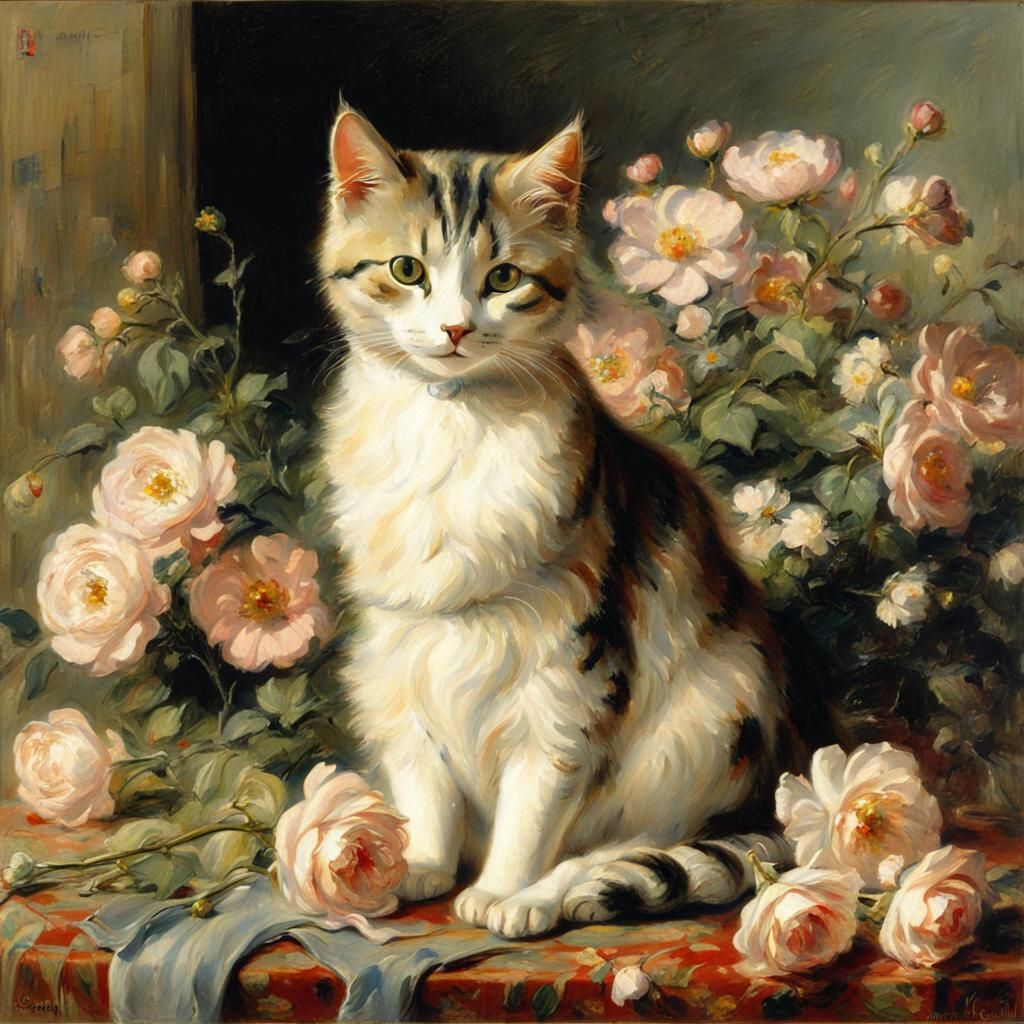 Cat with Flowers in Impressionist Style