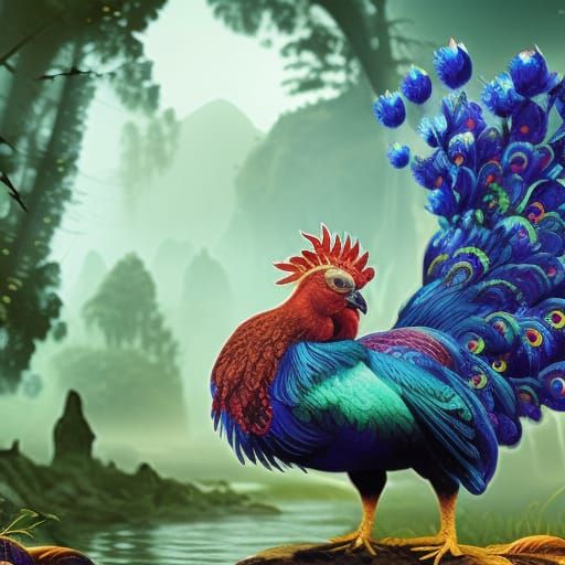 Rooster Peacock Hybrid in a Gem-Filled Meadow