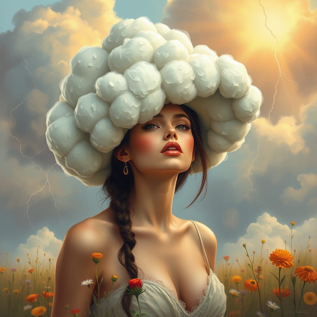 Androgynous Woman in Cloud Hat Amidst Sunset Storm